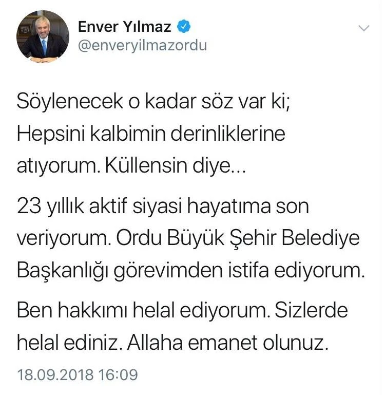 Ordu Büyükşehir Belediye Başkanı Enver Yılmaz istifa etti